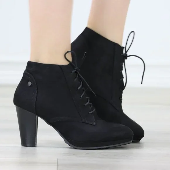 Womens Ankle Boots Lace Up Block Heel Booties Black Faux Suede - Picture 3 of 12